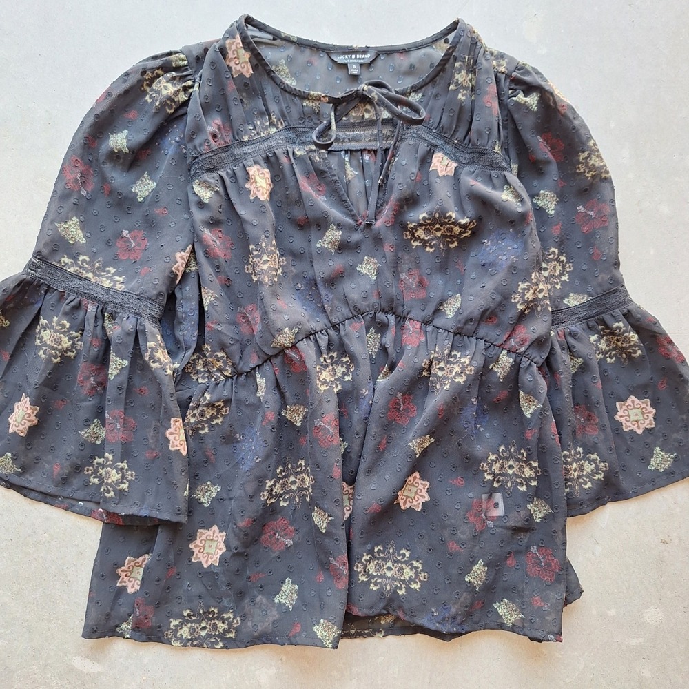 Lucky Brand Sheer Whimsigoth Chiffon Y2K Bell Sleeve Witchy Vamp Top Small